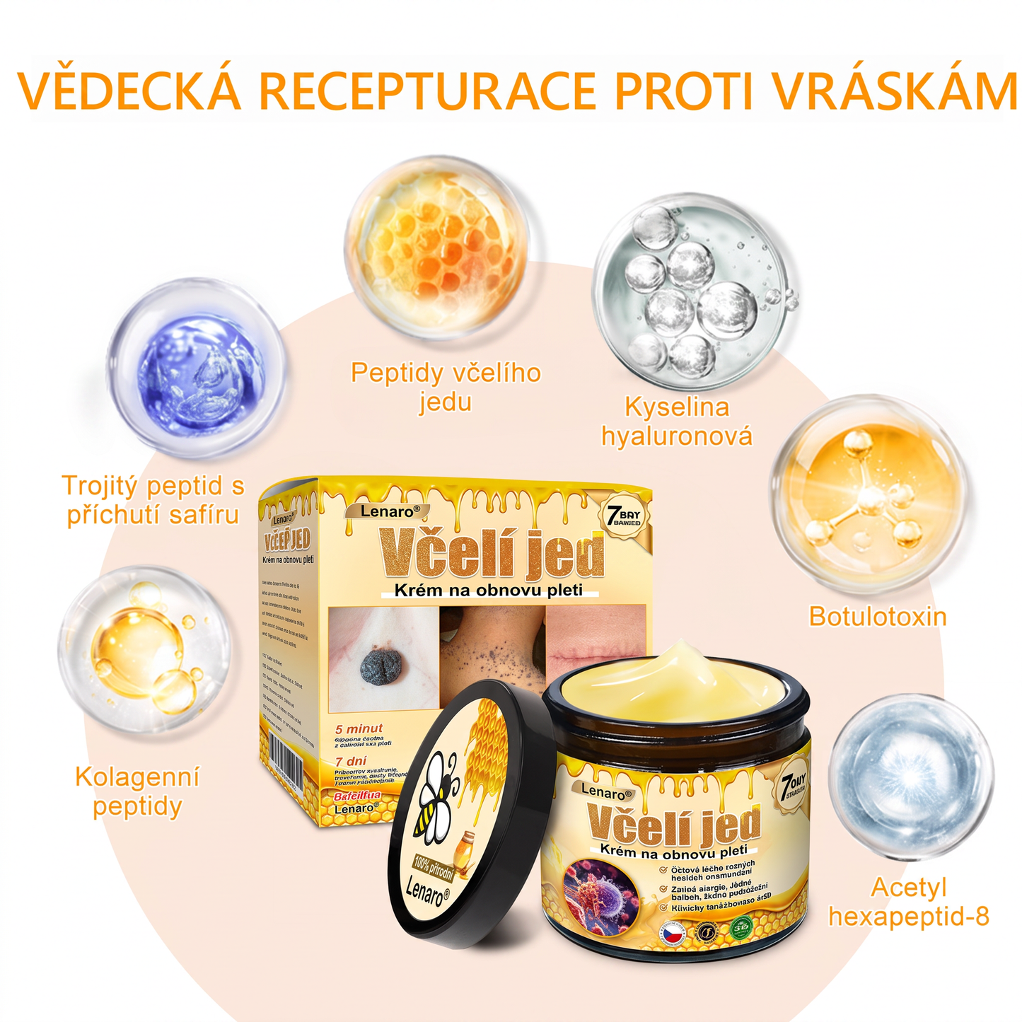 Lenaro® Krém s včelím jedem na obnovu pokožky 🏆 pomáhá při řešení kožních problémů, jako jsou: vrásky, jizvy, pigmentové skvrny, strie, akné, lupénka, ekzém, kožní léze, podráždění, záněty a další kožní potíže.