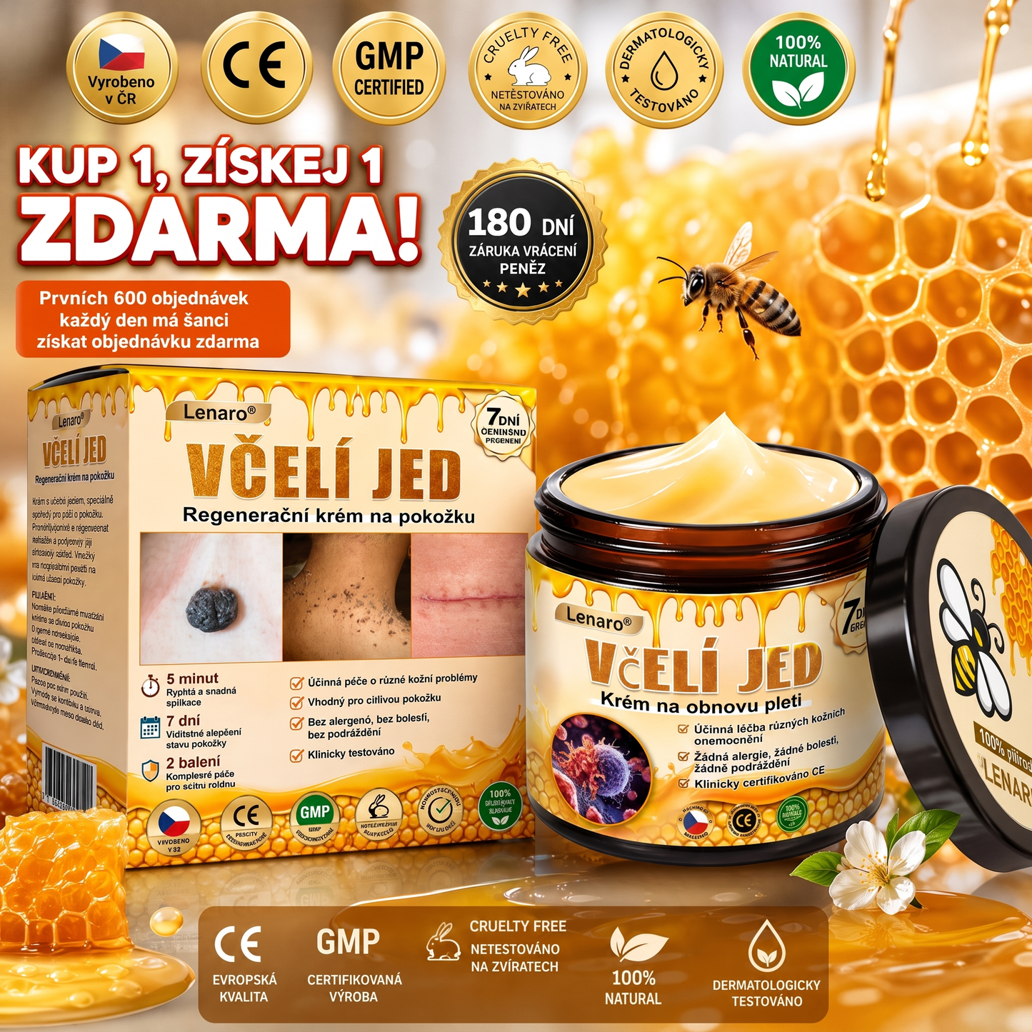 Lenaro® Krém s včelím jedem na obnovu pokožky 🌟 pomáhá při řešení kožních problémů, jako jsou: vrásky, jizvy, pigmentové skvrny, strie, akné, lupénka, ekzém, kožní léze, podráždění, záněty a další kožní potíže.
