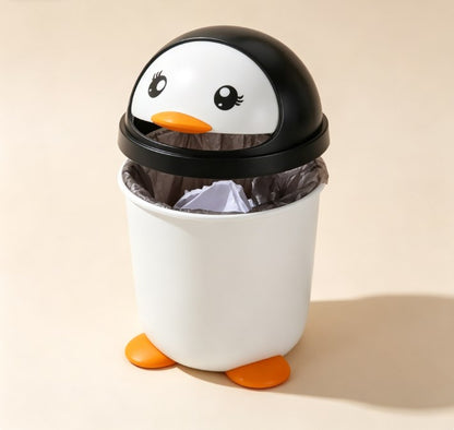 Cute Penguin Desktop Trash Can with Swing Lid - Small Kawaii Wastebasket for Kids Room & Nursery - Aesthetic Plastic Garbage Bin for Study Desk & Home Office Decor
