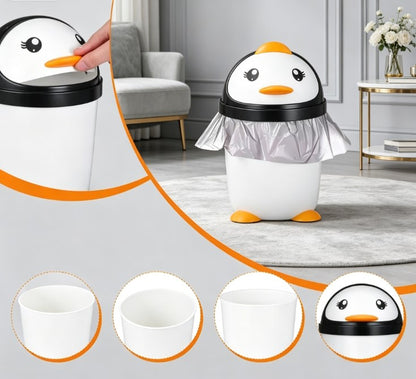 Cute Penguin Desktop Trash Can with Swing Lid - Small Kawaii Wastebasket for Kids Room & Nursery - Aesthetic Plastic Garbage Bin for Study Desk & Home Office Decor