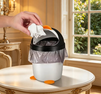 Cute Penguin Desktop Trash Can with Swing Lid - Small Kawaii Wastebasket for Kids Room & Nursery - Aesthetic Plastic Garbage Bin for Study Desk & Home Office Decor