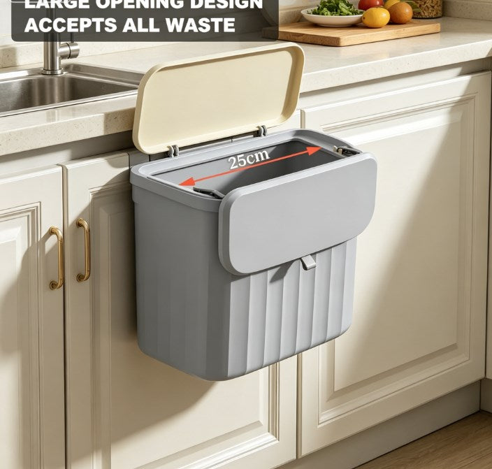 Large Hanging Trash Bin for Kitchen Waste - 12L Space-Saving Cabinet Mounted Garbage Can with Sliding Lid - Sealed Odorless Compost Pail for Food Scraps