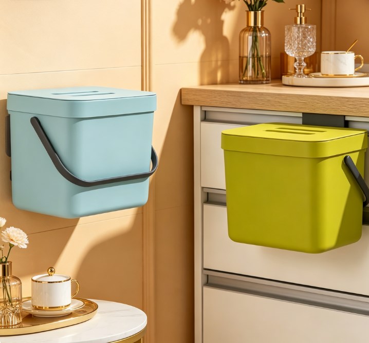 Modern Minimalist Hanging Trash Bin with Lid - Large Space-Saving Kitchen Compost Bin - Thickened Wall-Mount Garbage Can for Cabinetry & Bathroom