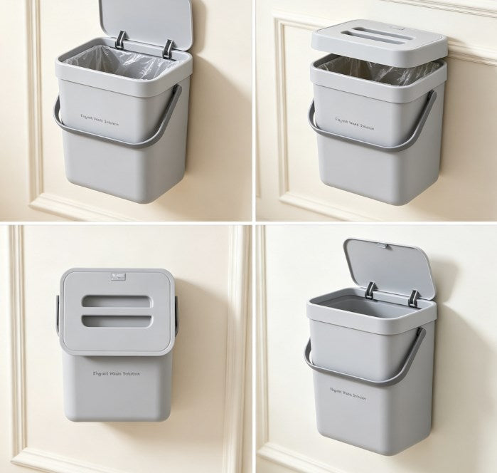 Small Wall-Mounted Kitchen Trash Can with Lid - 1.3 Gallon Odor-Proof Countertop Compost Bin - Green Hanging Garbage Container for Food Waste & Scraps